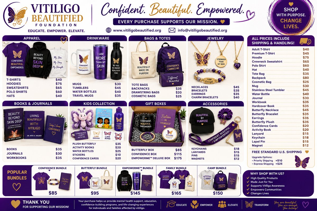 Vitiligo Beautified Foundation merchandise price sheet - apparel, drinkware, bags, jewelry, and gift boxes
